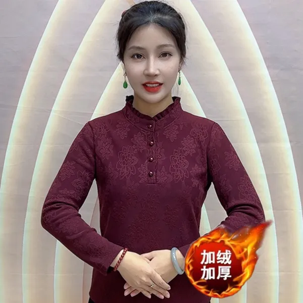 1019冬季加绒加厚提花荷叶领打底衫上衣