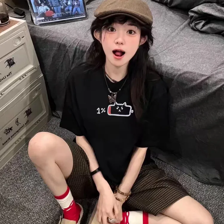电量充足小猫趣味印花2025春夏纯棉宽松短袖t恤男女小众情侣半袖