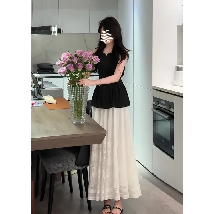 2025夏季新款女法式气质收腰无袖背心上衣百搭高腰显瘦百褶半身裙
