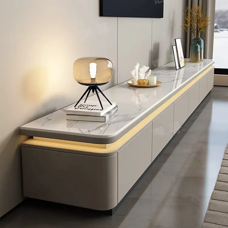 实木烤漆带灯电视柜轻奢储物柜岩板落地茶几电视柜