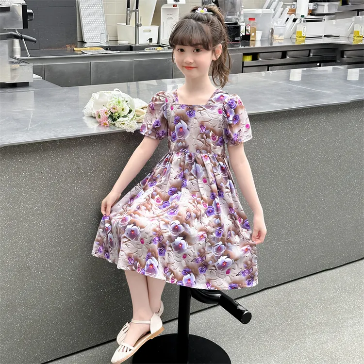萌娃夏季洋气连衣裙儿童表演服新款碎花裙薄款舒适短袖裙子可收腰