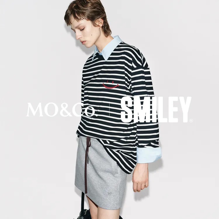 MOCO长袖T恤冬SMILEY联名系列棉条纹绣花笑脸MBE4TEET01