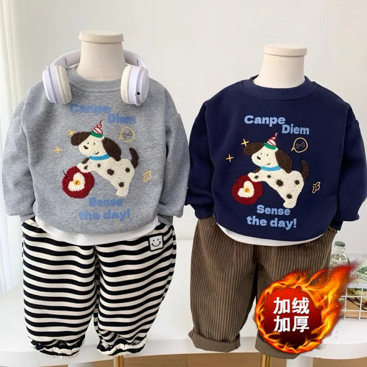 男女童加绒卫衣秋冬装新款儿童卫衣圆领套头衫卡通加绒冬季上衣