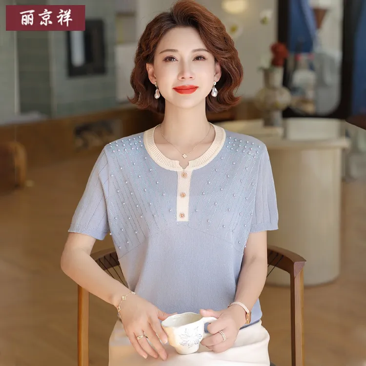 妈妈短袖上衣夏中老年人女装夏季短袖圆领小香风气质冰丝针织小衫