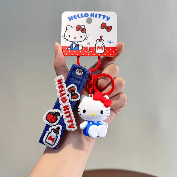 正版三丽鸥hellokitty牛仔布钥匙扣可爱KT猫公仔情侣闺蜜包包挂件