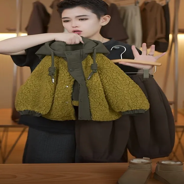 儿童加厚连帽外套2025冬季新款童装男童韩版时尚百搭保暖毛毛衣潮