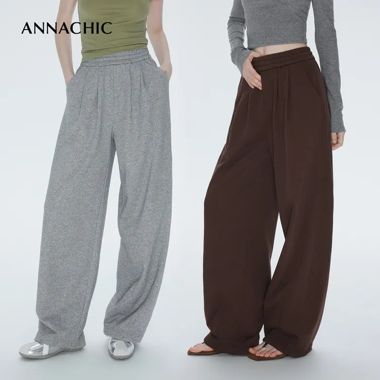 ANNACHIC时髦松弛感_运动风_松紧腰阔腿裤女/宽松休闲灯笼裤/卫裤