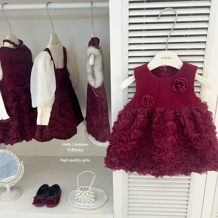 【乐恩童装】女童冬季新款过年衣服高定立体玫瑰背心加绒裙连衣裙套