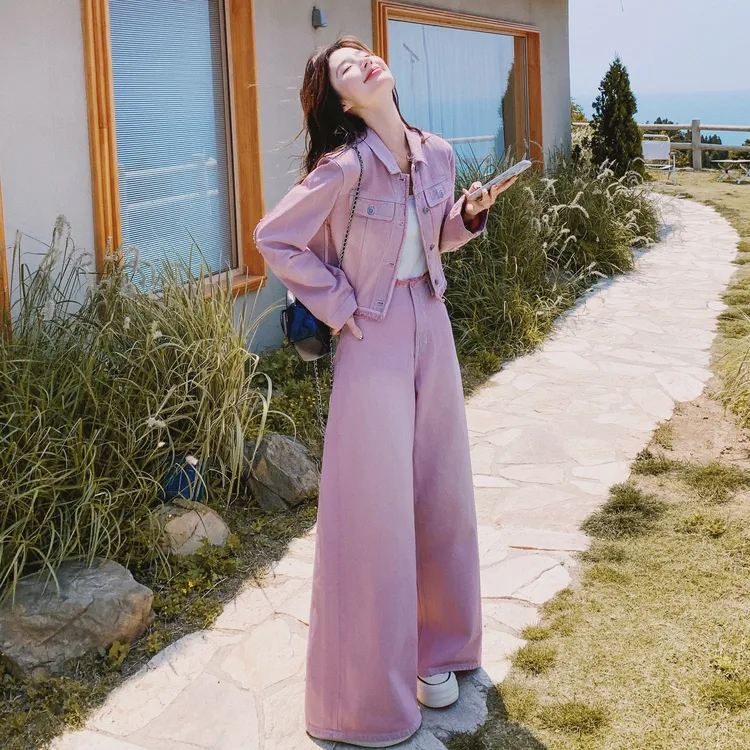 粉色牛仔套装显高显瘦女2025春秋新款休闲减龄短外套阔腿裤两件套