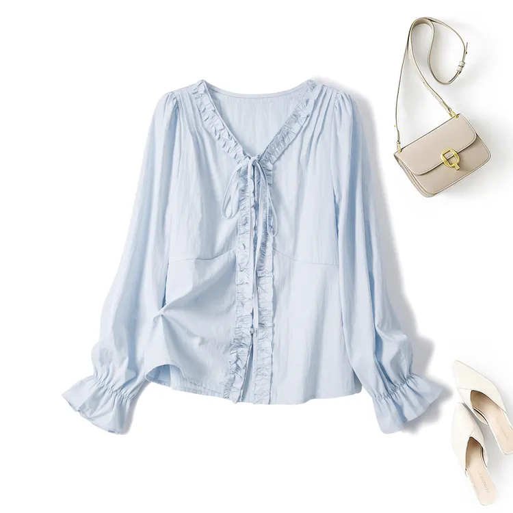 奥·邦奴 2025秋季新款大码法式气质木耳边长袖衬衫设计感系带上衣