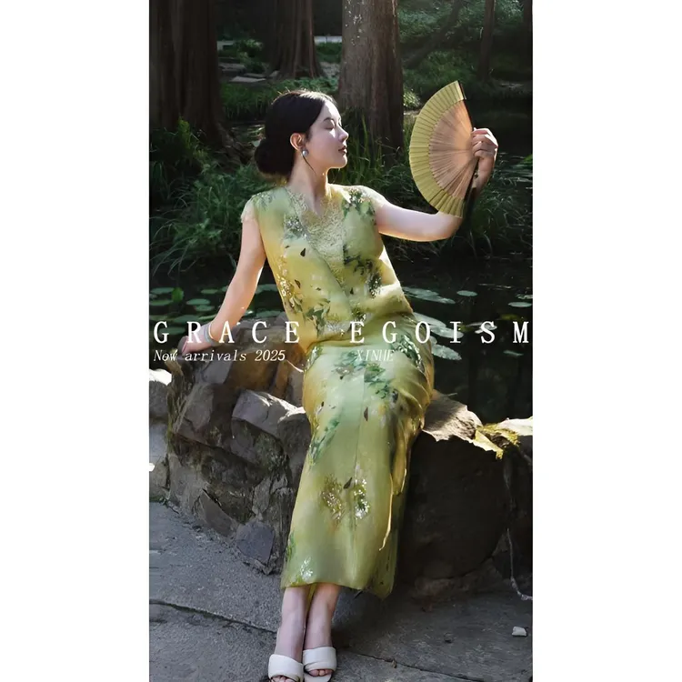 金禾【青韵】折扣夏款国风重工钉珠亮片刺绣蕾丝拼接连衣裙3534