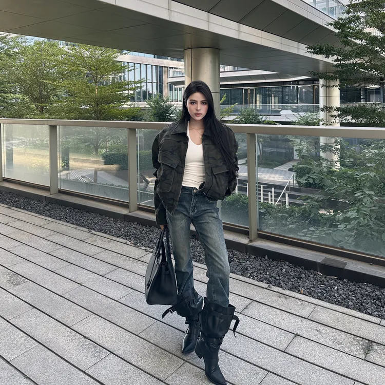 加棉加厚重工美式复古迷彩做旧水洗牛仔翻领拉链短款外套夹克上衣