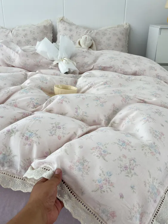 全棉双层纱四件套小清新薄款韩式小碎花花边款公主风纯棉被套床品