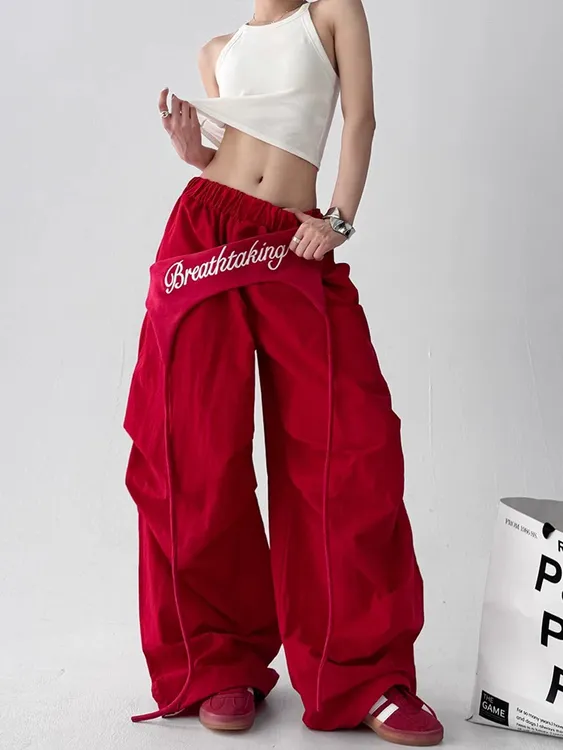 【送屁帘】ins网红复古美式刺绣阔腿宽松抽褶街舞爵士速干休闲裤