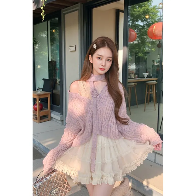 韩系早春穿搭秋冬套装毛衣小众露肩设计飘带高腰显瘦半身网纱短裙