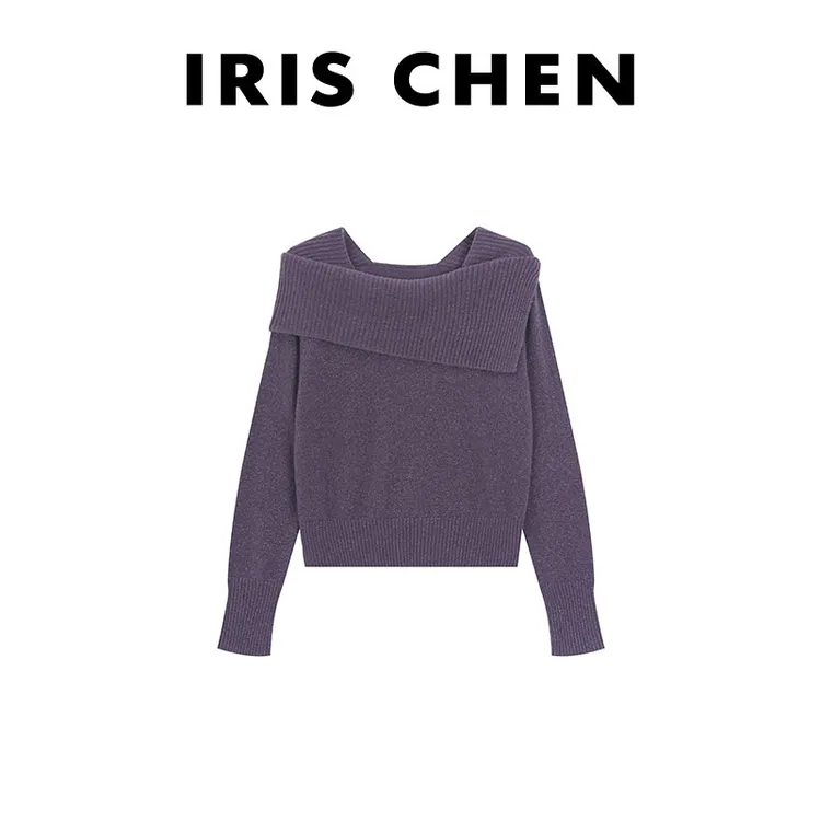 IRIS CHEN 一字肩 2025冬“100绵羊毛220g”翻领时尚针织衫25SY1061