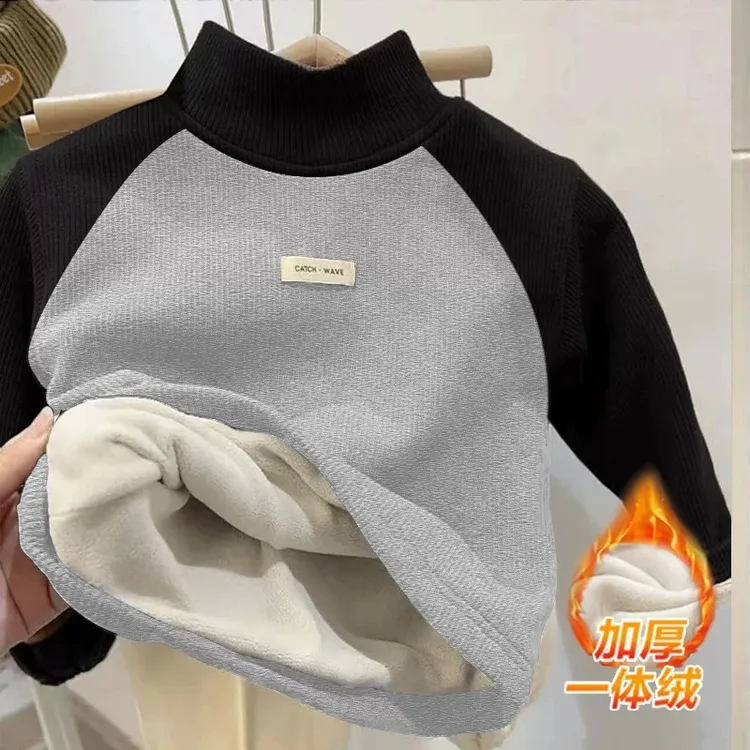 2025秋冬季儿童加绒加厚男童女童德绒打底衫T恤半高领一体绒上衣