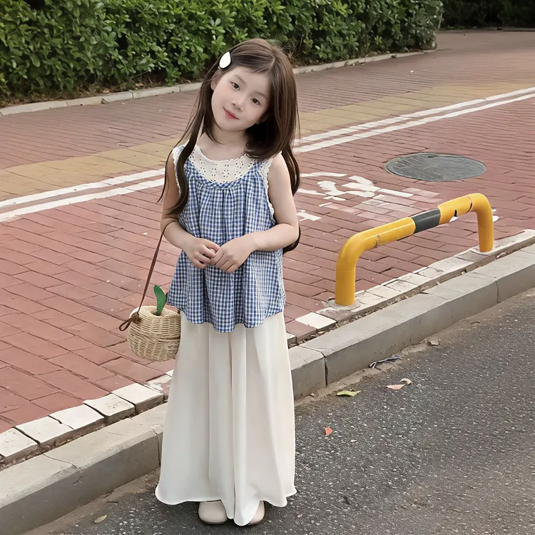 女童夏季新款蕾丝假两件蓝色格子上衣宽松阔腿裤裙韩版小清新套装