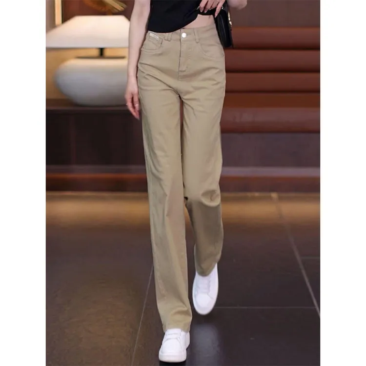 卡其色裤子女2024新款春秋夏棉布牛仔裤休闲窄版女裤直筒裤