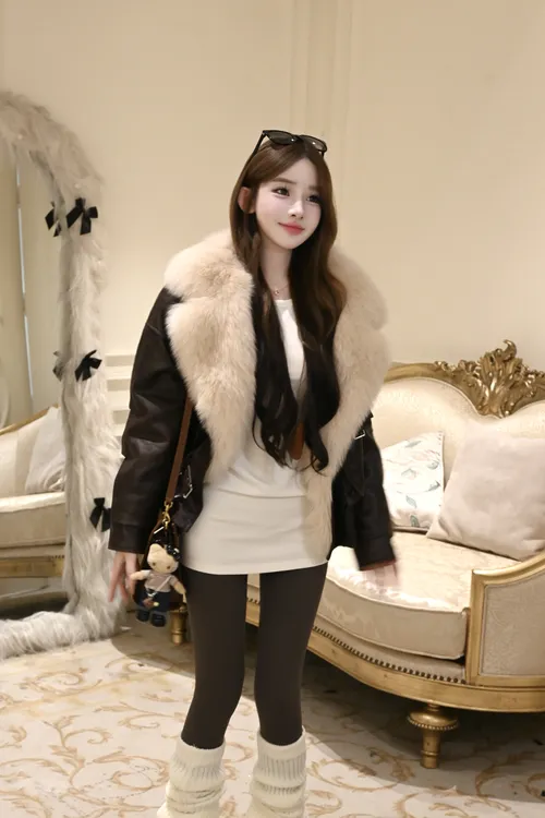 TUTU【费里街区】毛领狐狸毛/90鹅绒麂皮修身皮草羽绒服外套#WT1566
