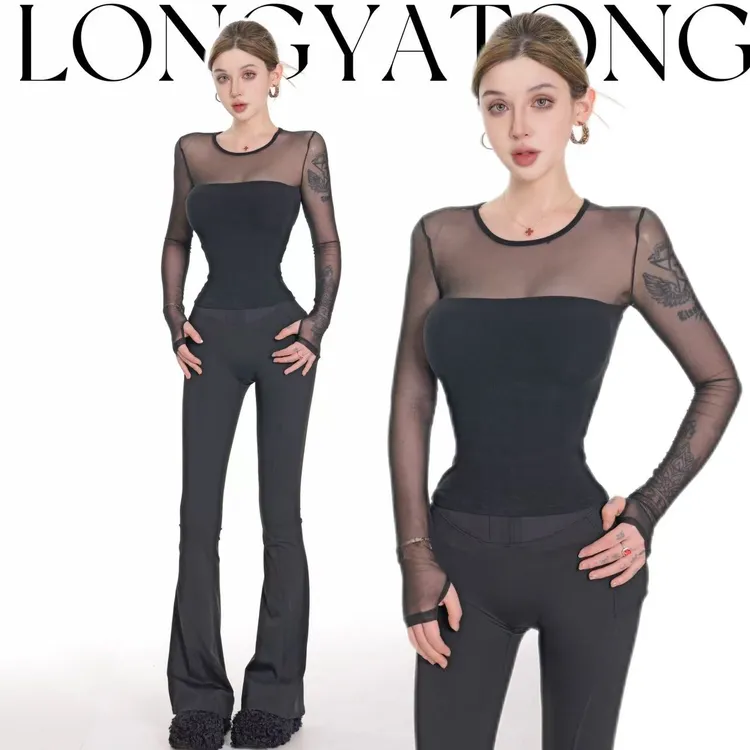 龙牙童推荐【微性感】性感显瘦时尚透视感早秋女士t恤收腰修身设计