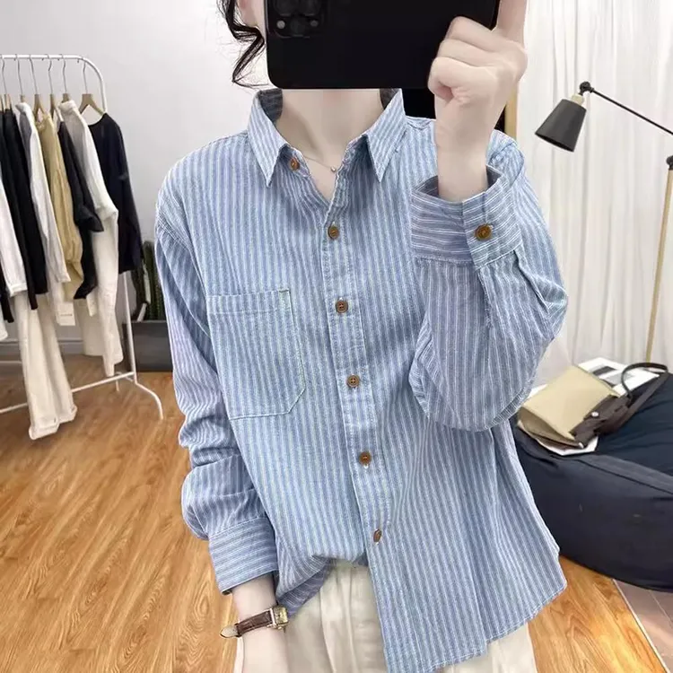 春秋新款韩版简约复古条纹衬衫宽松拼接显瘦Polo领纯棉休闲上衣女
