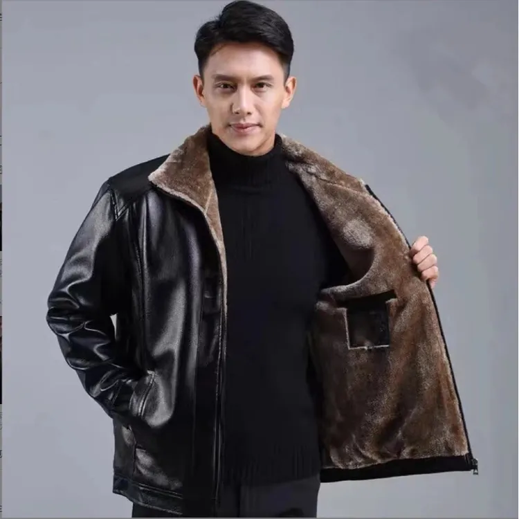 中老年爸爸款皮毛一体加绒加厚皮夹克外套