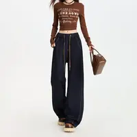秋款四面弹抗皱阔腿牛仔裤女2025新款拼接抽绳设计感直筒拖地裤子