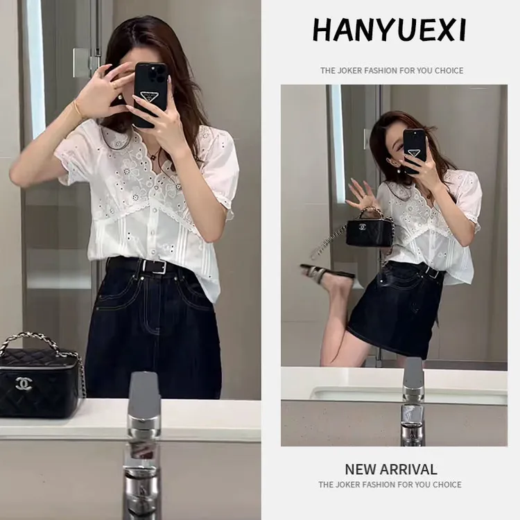 今年流行穿搭一整套2025新款镂空不规则花边上衣牛仔短裙休闲套装