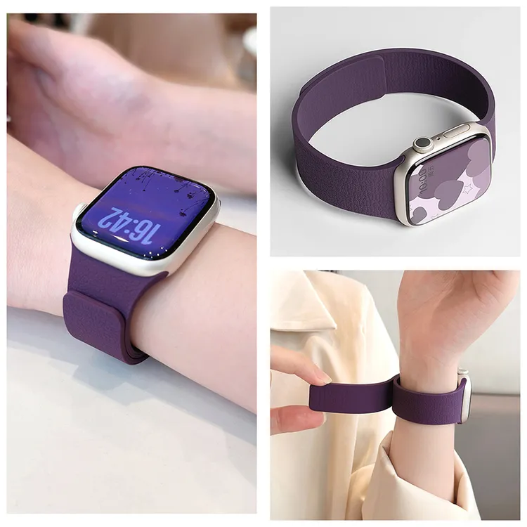适用苹果表带iwatchS11S10/9/8Ultra3SE极简风荔枝纹强磁硅胶表带