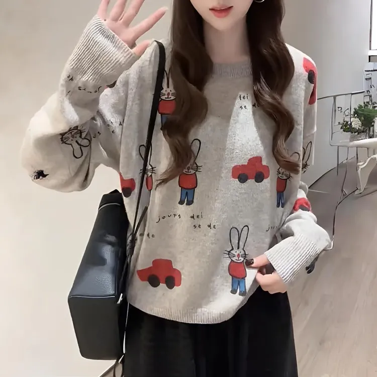 韩版圆领提花兔子卡通图案减龄针织毛衣女秋冬新款百搭套头上衣潮