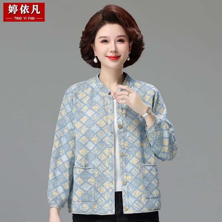 妈妈七分袖上衣新款春装印花开衫洋气50-60岁女士中老年薄外套夏