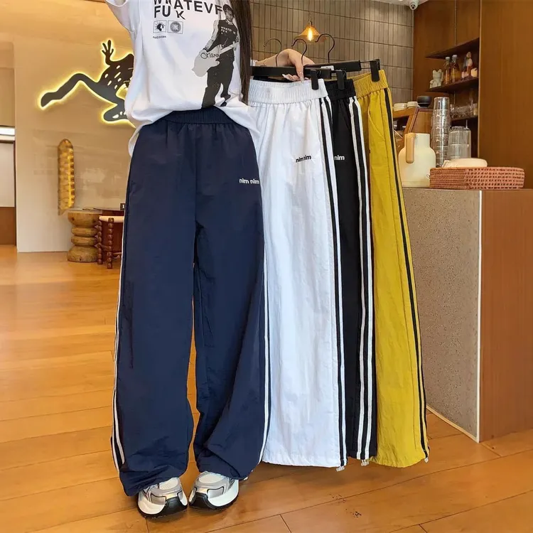 【新品福利】美式速干裤女2025夏设计感阔腿裤休闲侧条纹可束两穿直