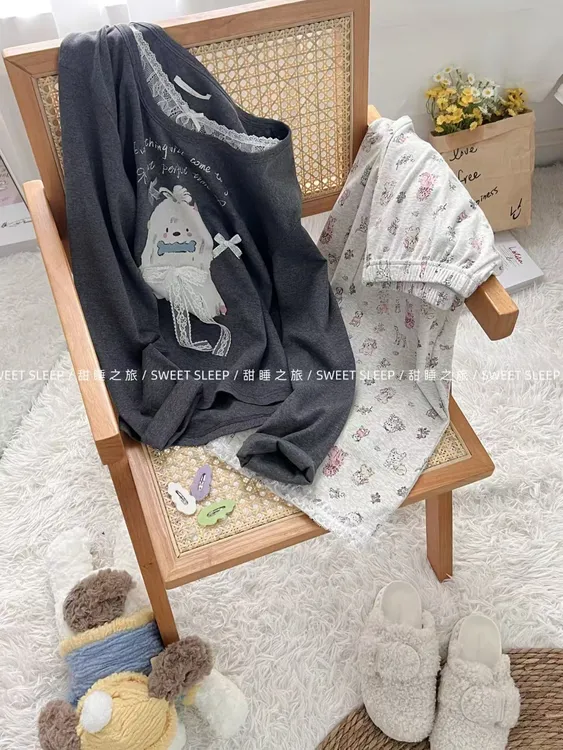 甜睡系列秋冬新款女款家居服套装95棉甜美花边蕾丝长袖长裤睡衣