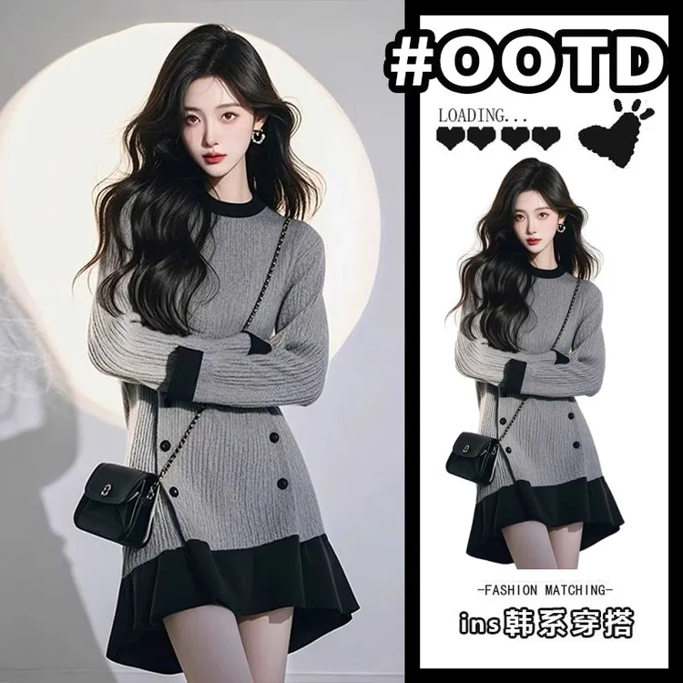 春装女款2025年新款灰色针织连衣裙韩系千金感穿搭高级感内搭裙子