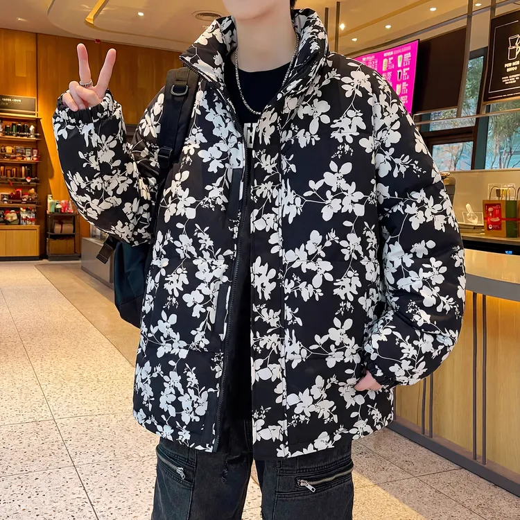 冬季新款个性印花立领棉衣男高级感纯棉加厚保暖外套热带风情棉服