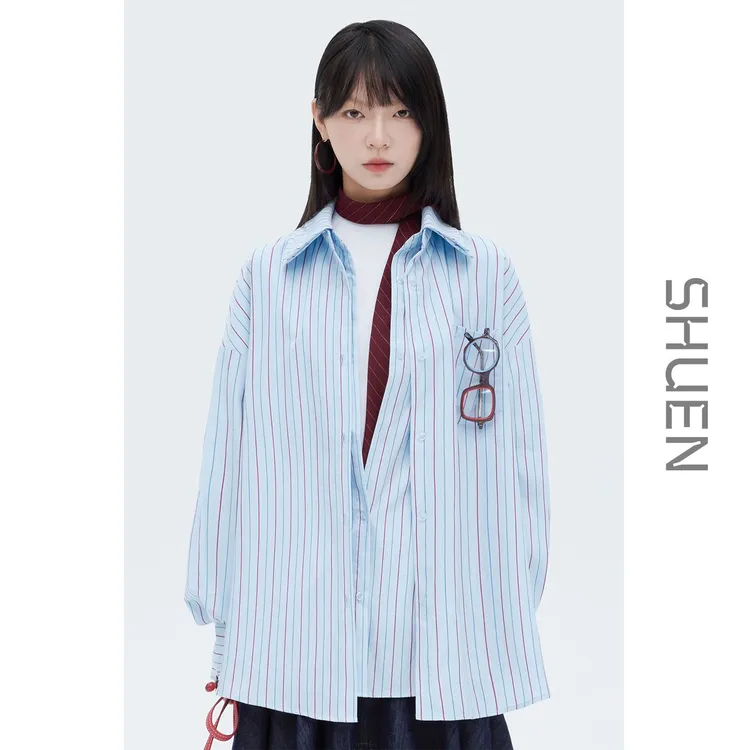 束恩高品质全棉色织双门襟假两件2025秋中长款蓝红条纹长袖衬衫女