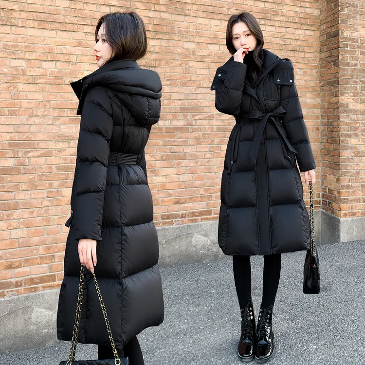 2025冬季新款女装中长款羽绒服女黑色修身连帽白鸭绒加厚保暖外套