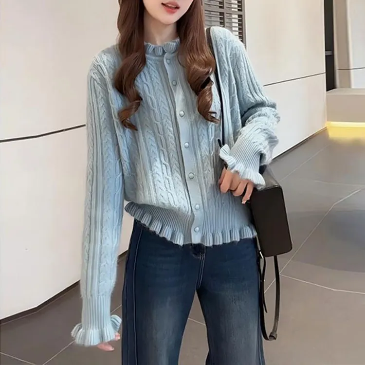 【软糯花织】法式氛围感I宽松开衫2026新款纯色软糯木耳边麻花毛衣