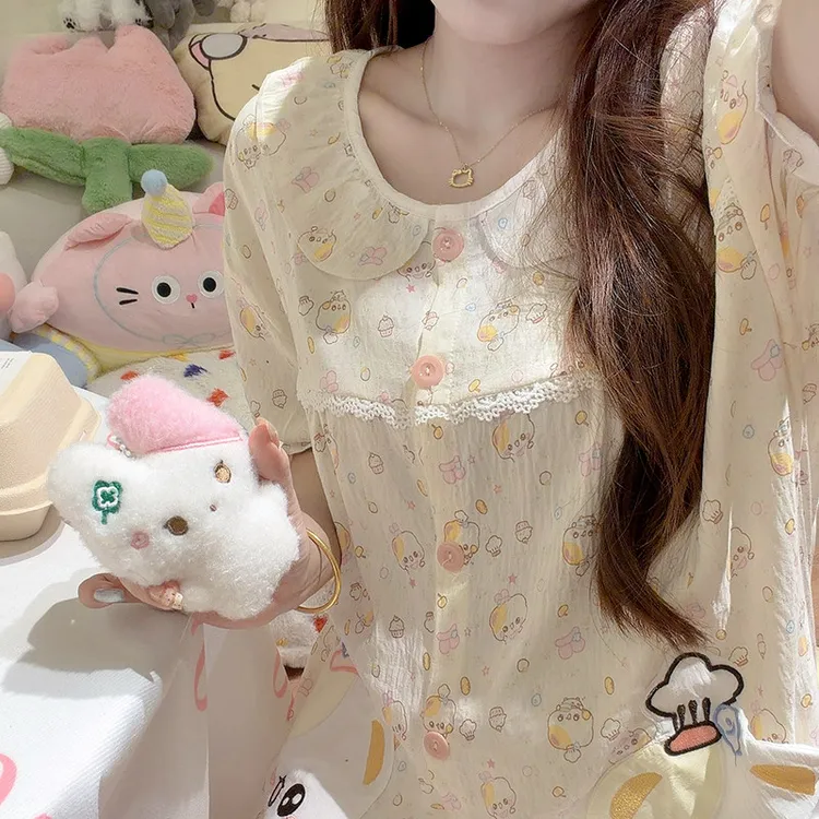 小猫鱼饼花边睡衣女夏季天泡泡棉短袖短裤可爱甜美学生家居服套装
