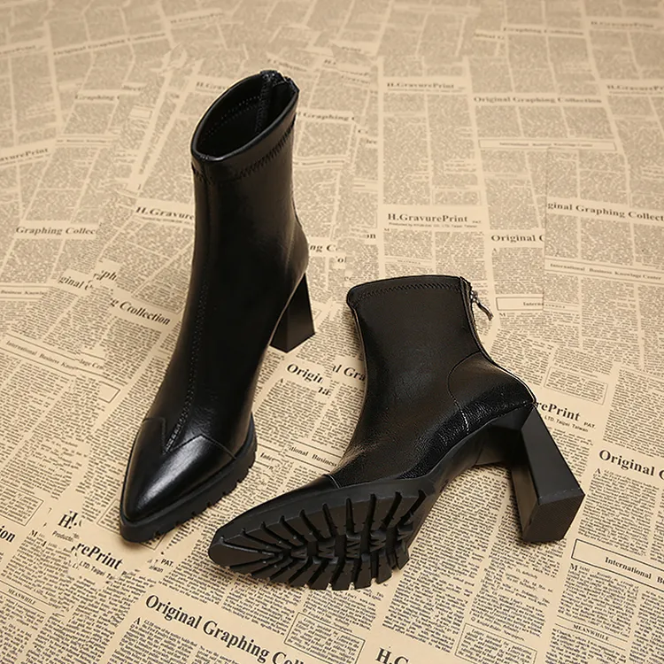 羊皮小个子厚底真皮短靴女尖头高跟秋冬季加绒裸靴韩版瘦瘦马丁靴