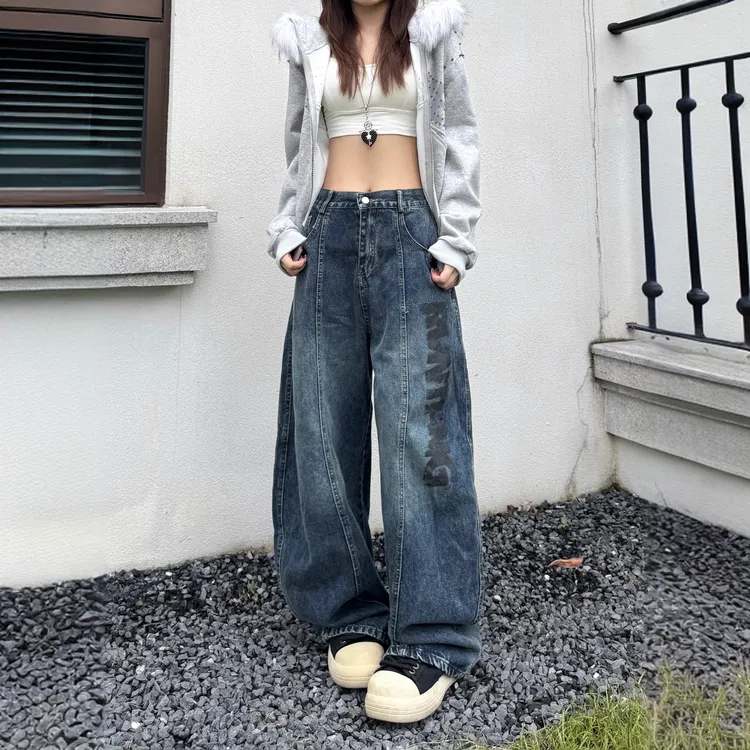 大码美式复古水洗做旧牛仔裤女秋季新款宽松休闲直筒阔腿拖地长裤