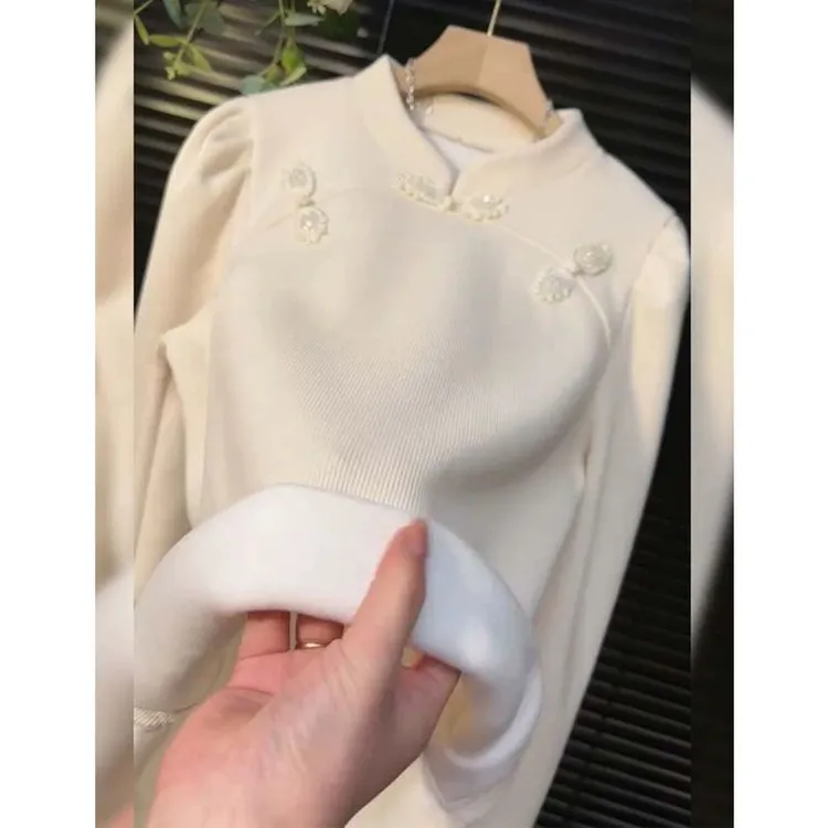 新中式国风加绒上衣女冬季新款高级设计感小众别致独特洋气打底衫
