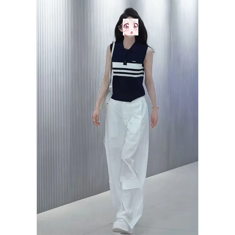 夏季御姐显瘦个性套装短款撞色无袖针织衫宽松阔腿休闲裤韩版穿搭