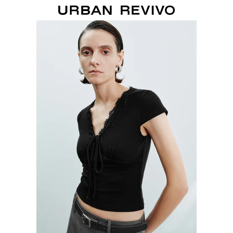 UR2025新款女装气质魅力拼接蕾丝系带T恤UWG450159