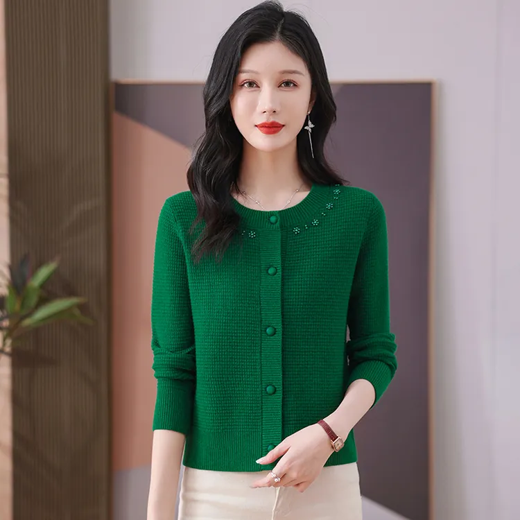 100%纯羊毛羊毛衫时尚针织开衫女2025秋冬款韩版圆领毛衣外套短款