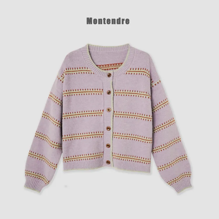 【MonTendre】秋季新款 M 时尚撞色显瘦流光风复古设计百搭针织开衫