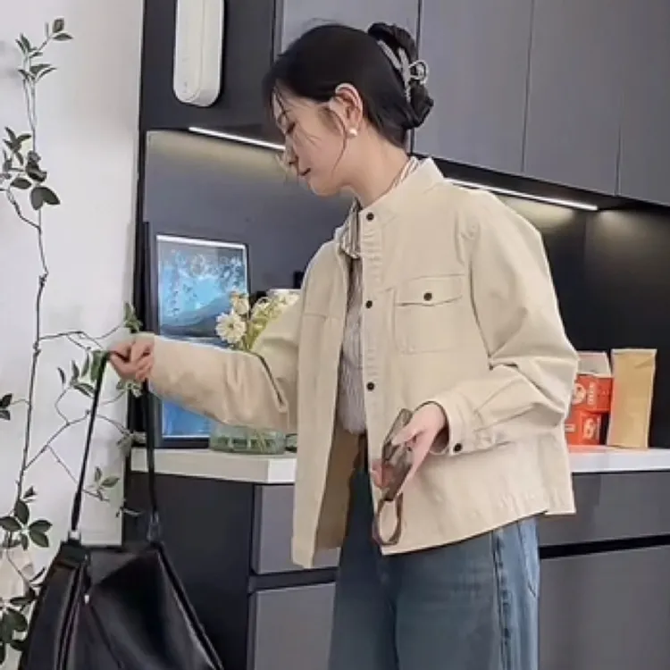 水洗棉高级感立领衬衫短外套女2025秋季新款时尚休闲显瘦夹克上衣