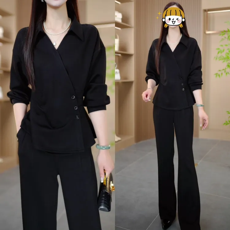 2025春季新款时尚设计感遮肚显瘦长袖V领上衣直筒裤休闲两件套女