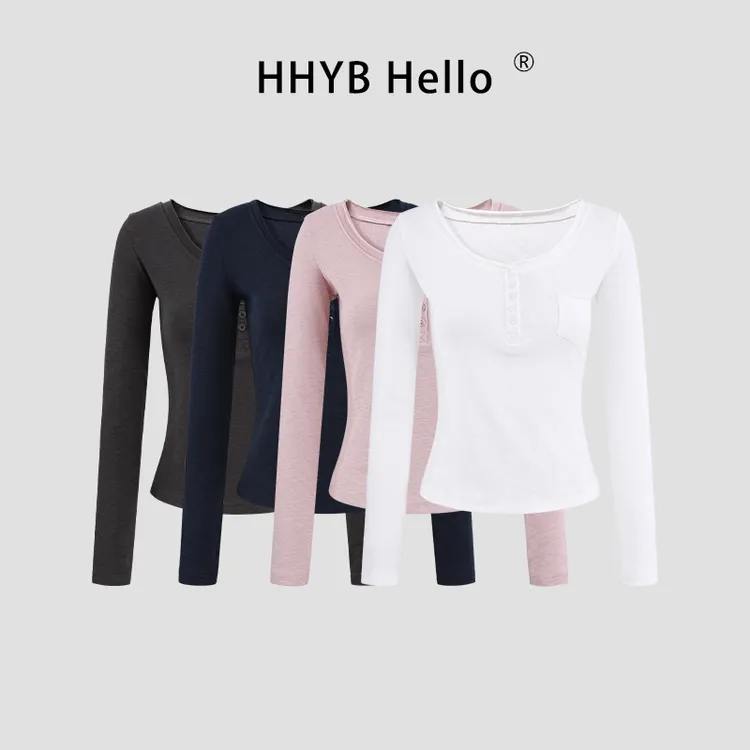 HHYB Hello纯欲修身长袖V领打底衫小个子百搭气质T恤女250966
